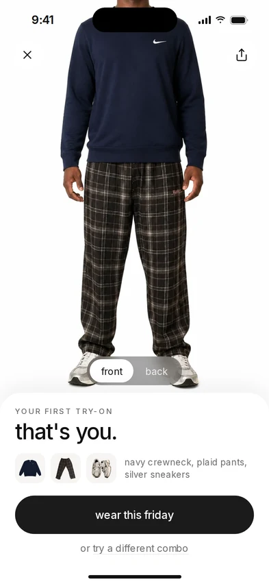 a try-on of a navy crewneck and plaid pants, rendered on the user's own photo