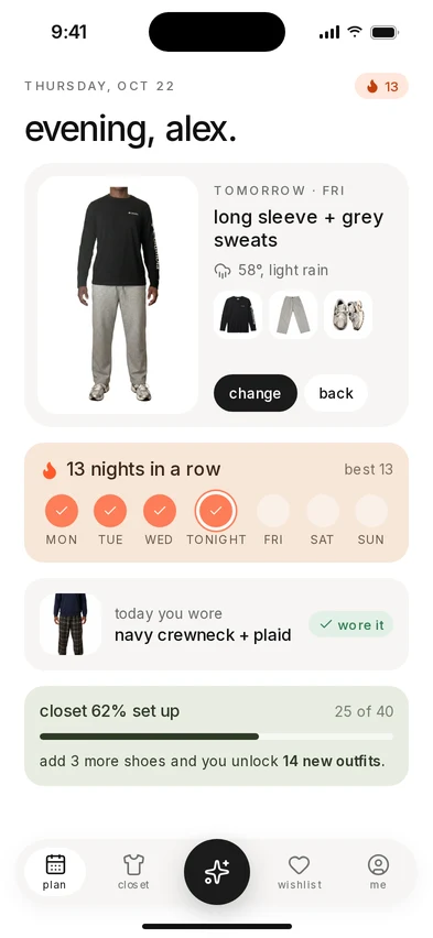 the home screen with tomorrow's outfit and a 13-night planning streak