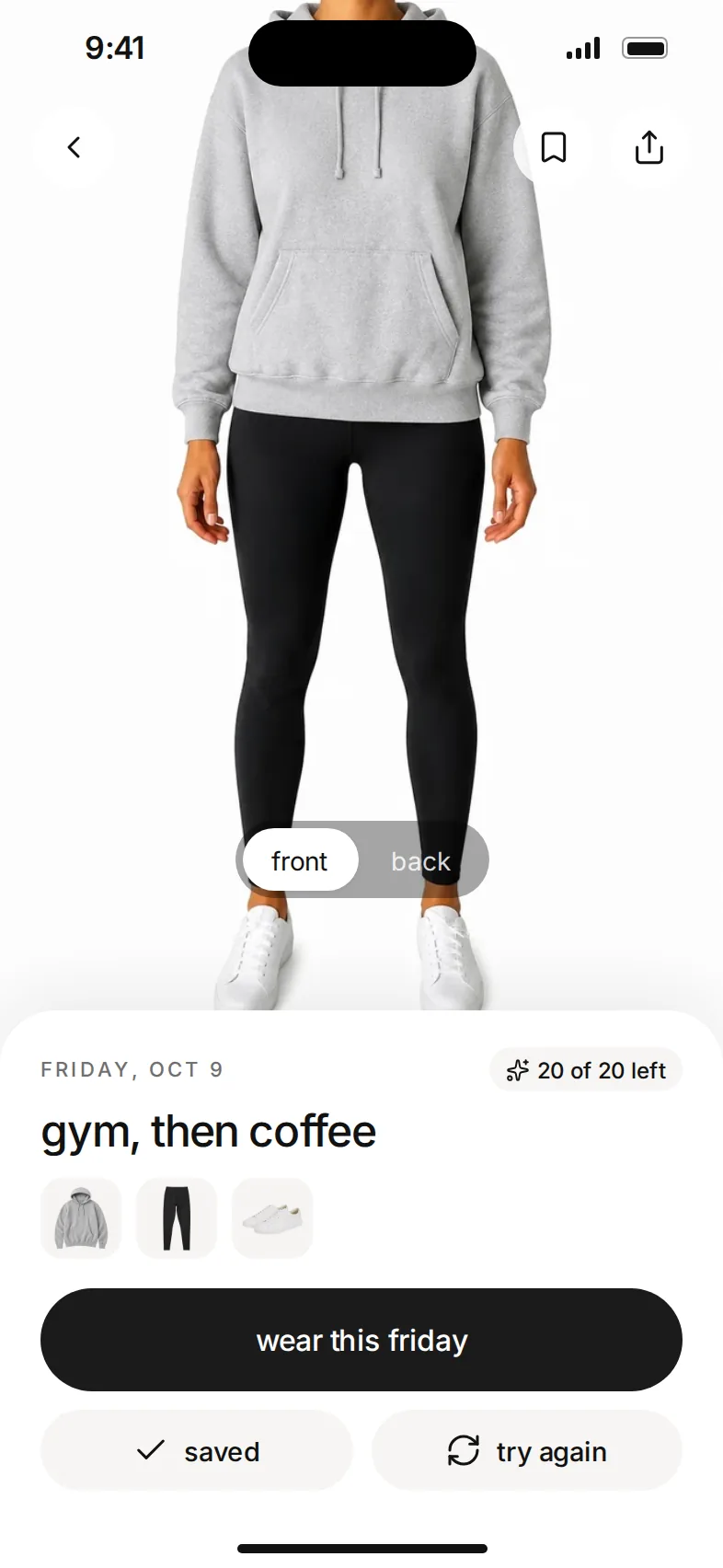 a try-on of a grey hoodie, black leggings and white sneakers, rendered on the person's own photo